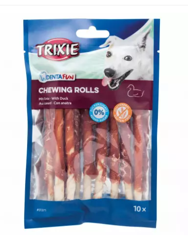 trixie chewing rolls with duck