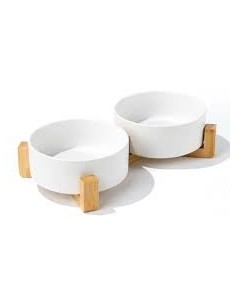 m-pets comedero cerámica/bambú doble blanco